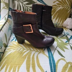 Clarks Chocolate Heeled Boots with Strap